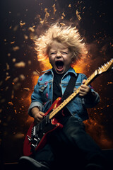 Little kid rock star playing electronic guitar on stage, emotion enjoyment drive, fun smiles and laughter - obrazy, fototapety, plakaty