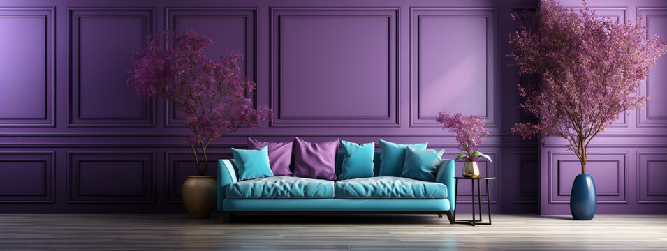 Living room home interior background. Empty Violet wall mock up