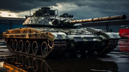 Tank on a military mission. The barrel of a tank. Infantrymen and tankers among the city and steppe. Dangerous military work. Concept: modern military transport.