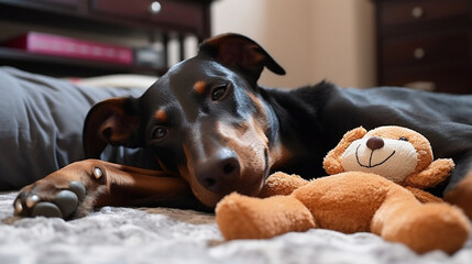 Doberman lying down on a carpet