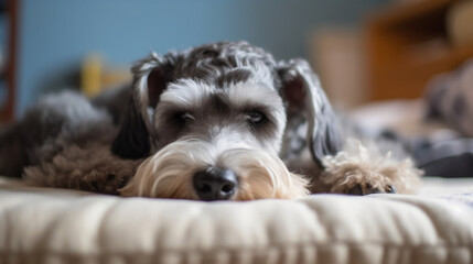 Miniature Schnauzer trying to sleep on his bed