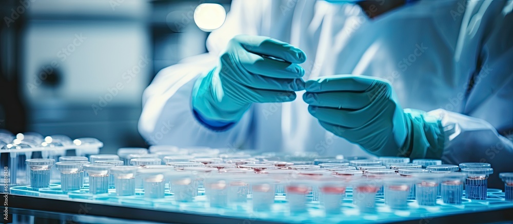 Aufkleber scientist handling samples in lab for analysis with copyspace for text