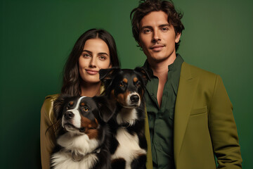 Stylish couple in trendy wear, standing with their Border Collie, against a modern green backdrop