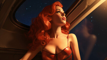 Red Hair Woman in Space Retro Futuristic