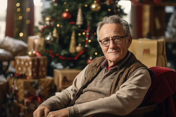 Festive Portrait of a Senior Caucasian Man in Christmas-Themed Nursing Home