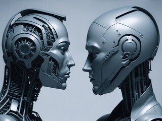 Profile of two robotic heads facing each other. 