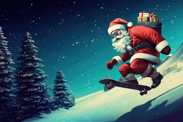 Santa Claus skateboarding down a snowy hill with a bag full of presents