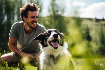 A man sharing a laugh with his energetic Border Collie while playing fetch - obrazy, fototapety, plakaty