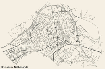 Detailed hand-drawn navigational urban street roads map of the Dutch city of BRUNSSUM, NETHERLANDS with solid road lines and name tag on vintage background