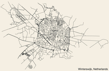 Detailed hand-drawn navigational urban street roads map of the Dutch city of WINTERSWIJK, NETHERLANDS with solid road lines and name tag on vintage background
