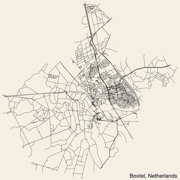 Detailed hand-drawn navigational urban street roads map of the Dutch city of BOXTEL, NETHERLANDS with solid road lines and name tag on vintage background