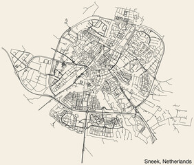 Detailed hand-drawn navigational urban street roads map of the Dutch city of SNEEK, NETHERLANDS with solid road lines and name tag on vintage background