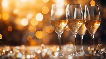 Sparkling Celebration, Close-Up of Champagne Glasses on a Vibrant Background, Perfect for Party and Wedding Concepts