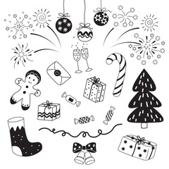 New Year party doodle icons vector isolated illustration. Hand drawn cute festive set with Christmas tree ,decorations, gifts, sweets, salute, champagne, bell, for congratulation with winter holiday