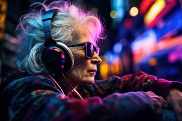 elderly woman immersed in music through large headphones - obrazy, fototapety, plakaty