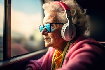 elderly woman immersed in music through large headphones