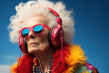 elderly woman immersed in music through large headphones