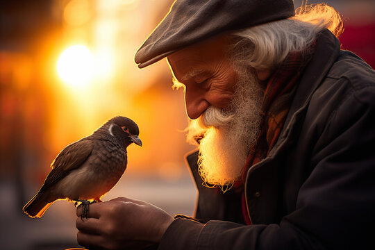An elderly gentleman feeding his feathered bied friend, during the golden hour