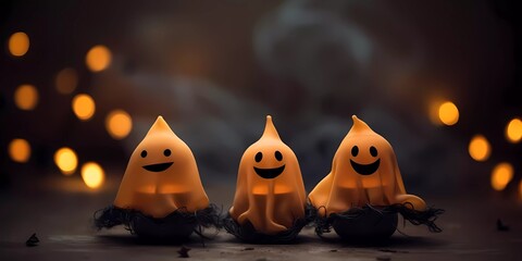 Autumn Halloween decorations wit a cute little felt toy pumpkins. Halloween Pumpkins on a dark background. Autumn Holiday Halloween. Generative AI