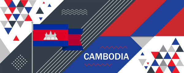 Cambodia National or Independence Day abstract banner design with flag and map. Flag color theme geometric pattern retro modern Illustration design.