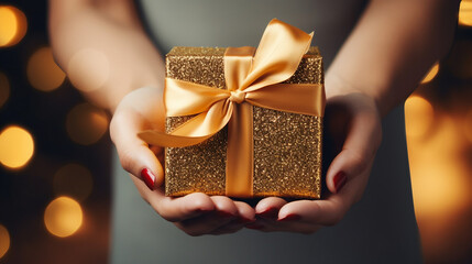 Golden Surprise, Festive Minimal Background with Delightful Gift