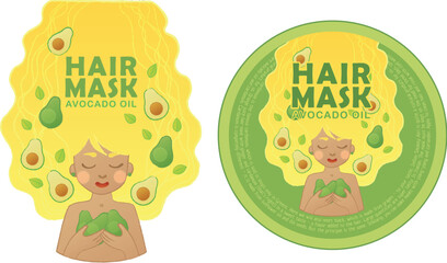 Avocado hair product design, fruit treatment label vector illustration, hair mask with cute girl beauty product, natural conditioner template with curly cartoon woman image