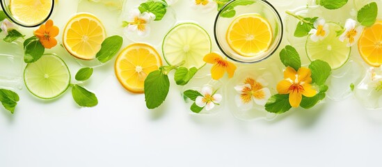 Summer refreshment with iced lemonade edible nasturtium flowers lime and mint leaves With copyspace for text