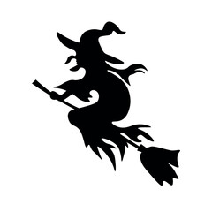 Silhouette of witch flying on broom against white background