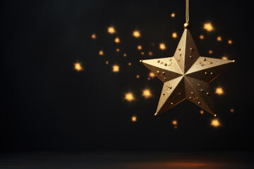 Hanging golden stars with bokeh lights on dark background with space for text.