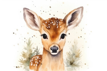 Watercolor portrait of cute young deer.