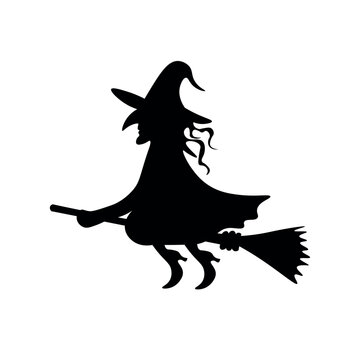 Silhouette of witch flying on broom against white background
