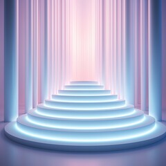Obraz premium Abstract Fluorescent white pinkish background, glowing vertical lines, illuminated stairs, fashion podium, performance stage
