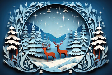 Winter paper blue and white composition with night forest and red deer family.