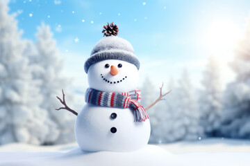 Happy snowman wearing hat and scarf in the snowy forest.