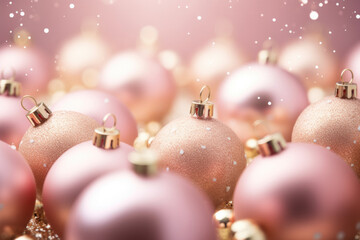 Christmas background with baubles in pastel colors and snow.