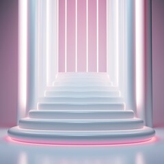 Abstract Fluorescent white pink background, glowing vertical lines, illuminated stairs, fashion podium, performance stage