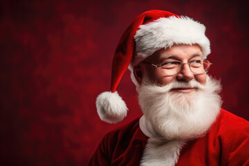 Portrait of santa claus on red background with space for text.
