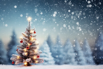 Decorated christmas tree with red baubles in snow.