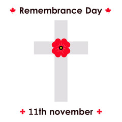 Red poppy flower and cross on white background. Remembrance Day in Canada