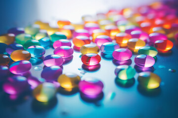 Tablets and capsules in all colors of the rainbow. Banner for pharmaceutical add