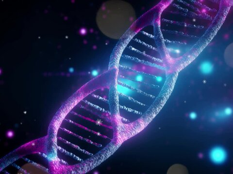 Human DNA genome double helix spiral particle animation. Concept of future biotechnology, medicine, gene therapy, development, engineering. Background for business and advertising.