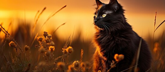 Sundown black cat in the field With copyspace for text