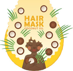 Coconut cosmetics product design. Cartoon vector illustration with happy woman with coco nuts used for health treatment, Organic coconut oil label for natural beauty, tropical spa lotion for hair care