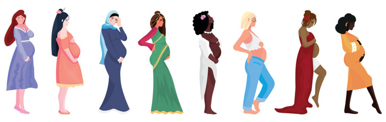 Group of pregnant women of different nationalities on white background