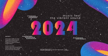 Lively 2024 sound wave music poster. Club party flyer. Electronic Music festival poster with abstract gradients waves music background neon colors. 90s style