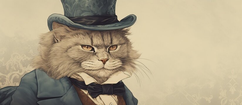 Vintage illustration of a cat in a fur muffler from 1890 With copyspace for text