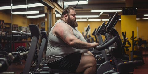 Overweight young male working in gym out trying to lose weight. - obrazy, fototapety, plakaty