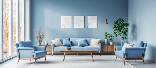 Blue sofa wooden table white armchairs in living room near window With copyspace for text