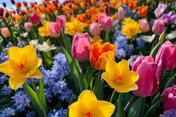 Multi-colored tulips and hyacinths in a floral arrangement. Colorful tulips and hyacinths blooming in a spring garden.