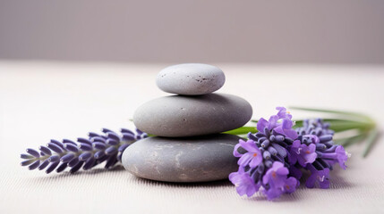 Obraz na płótnie Canvas lavender and stones - mediation concept - Generative Ai